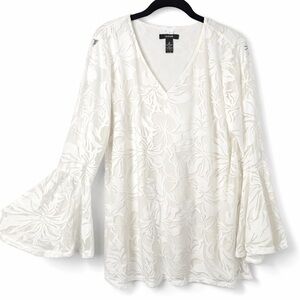 Alfani Cream Floral Lace Bell Sleeve V-Neck Blouse 70s Layered Top Shirt Medium